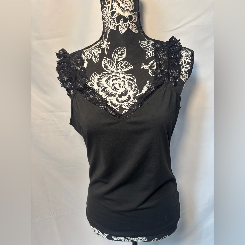 Buckle Black Lace Trim V-Neck Tank